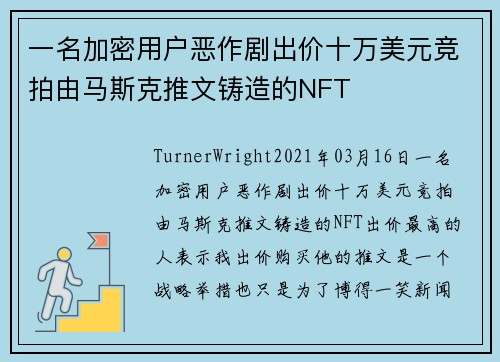 一名加密用户恶作剧出价十万美元竞拍由马斯克推文铸造的NFT 